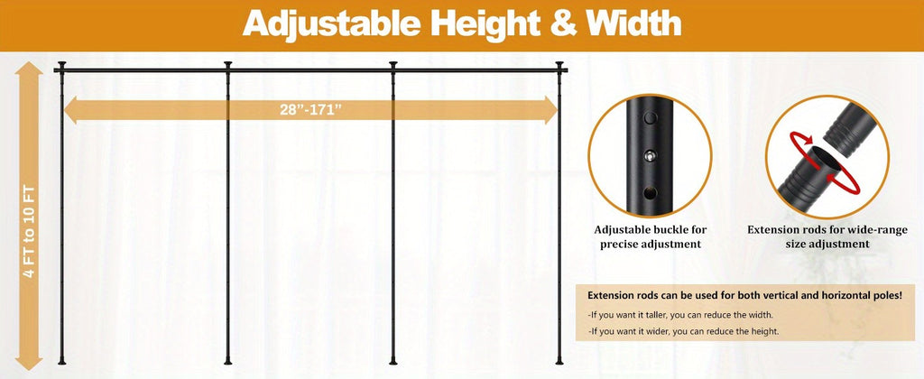 Adjustable Tension Room Divider Curtain Rod – No Drilling, 28–171" Wide, 4–10 ft Floor-to-Ceiling, Heavy Duty, Black & White (Curtains Not Included)