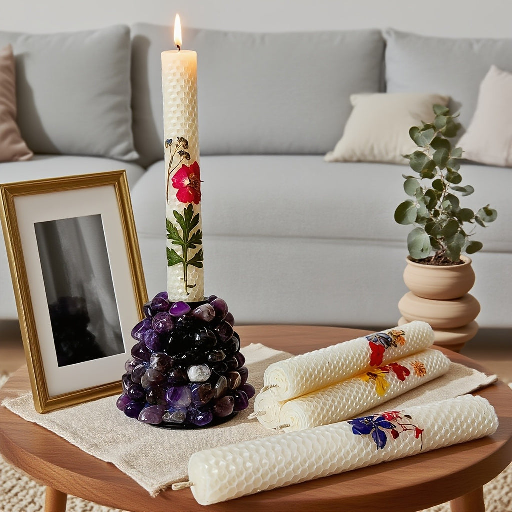 Floral Cone Shaped Decorative Candles 4 Pack 10 Inch Cylindrical Beeswax Taper Candles for Holiday Parties Valentine's Day Mother's Day Wedding Table Centerpiece Home Decor Gift