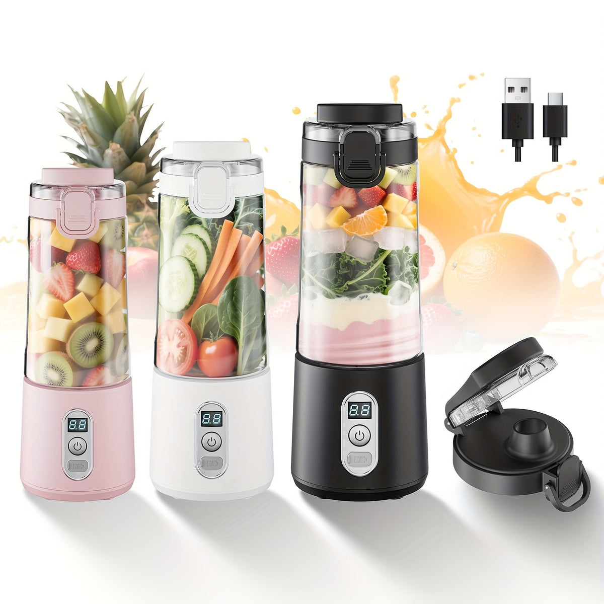 Portable Blender USB-C Rechargeable 6-Blade Stainless Steel – Ice Crush Smoothie Maker with Digital Timer, Battery Display & No-Spill Lid for Gym, Travel & Protein Shakes, Pink or White