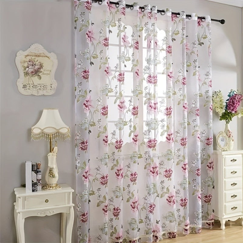 Peony Floral Sheer Curtains Grommet Top – Tulle Voile Light Filtering Drapes for Bedroom Living Room, Purple Pink, Set of 2 Panels