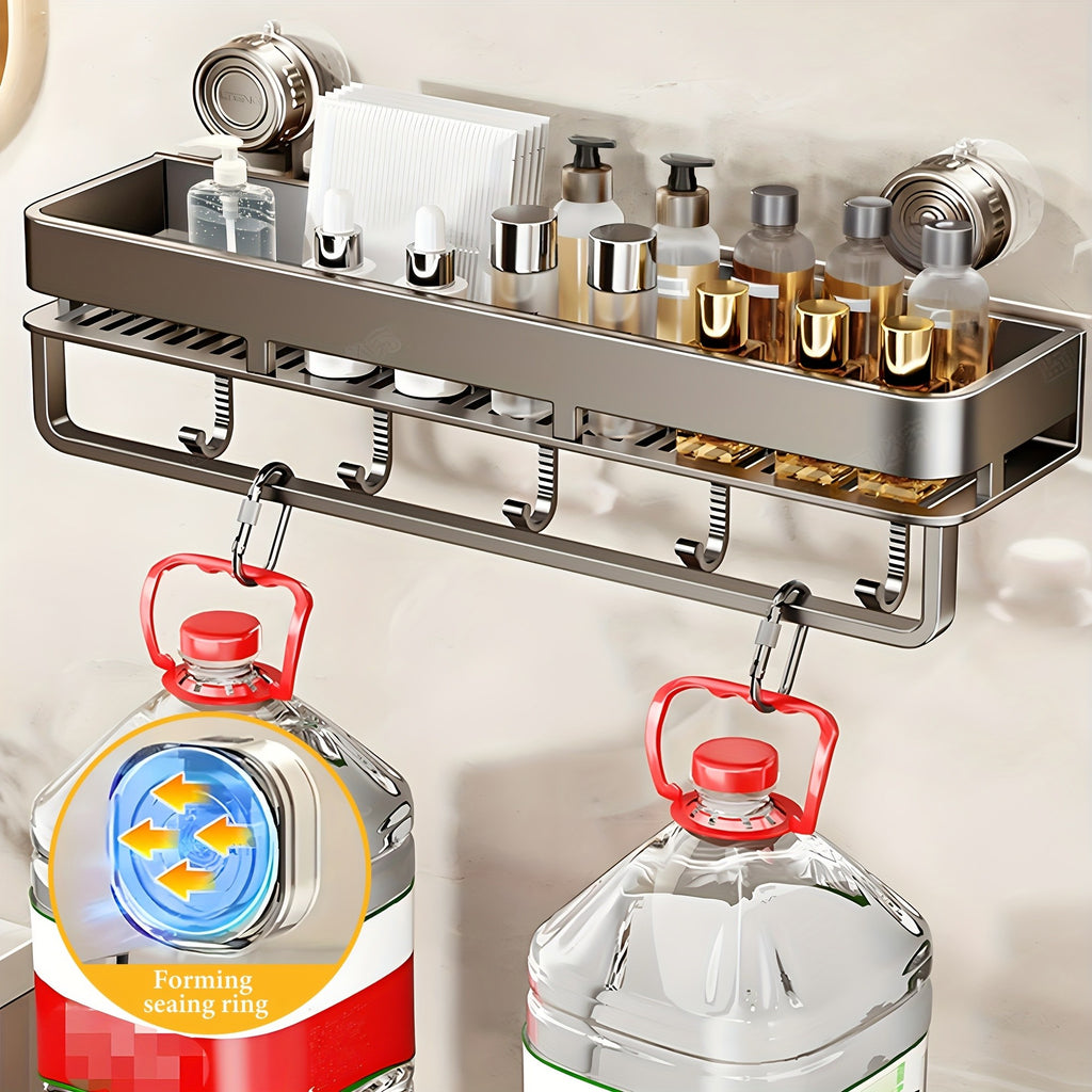 Suction Cup Shower Caddy Space Aluminum – Wall-Mounted Bathroom Shelf Organizer with Towel Holder, Rustproof Floating Shelf for Shampoo & Soap