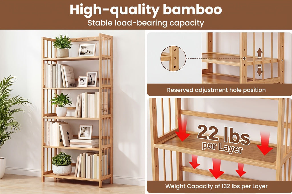 Bamboo Bookshelf Narrow 4 or 5 Tier Adjustable Shelves – Natural Wooden Bookcase Standing Storage Shelf Organizer for Small Spaces, Bedroom, Living Room & Home Office