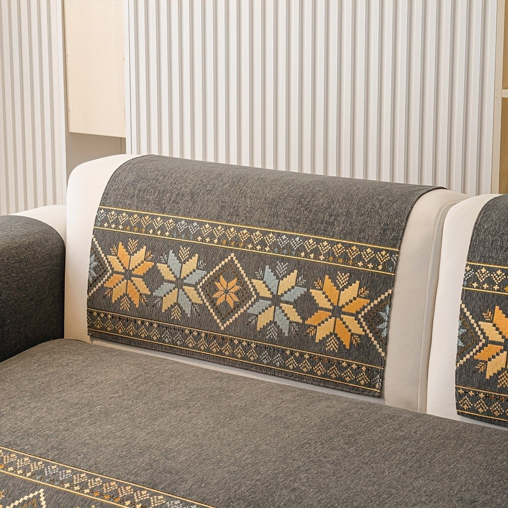 Chenille Sofa Slipcover Non-Slip Removable Couch Cover, 100% Polyester Boho Vintage Style Sofa Towel for 1 to 4-Seater Sofas & Armrests, Four Seasons Universal Home Decor in Dark Gray, Light Gray & Blue