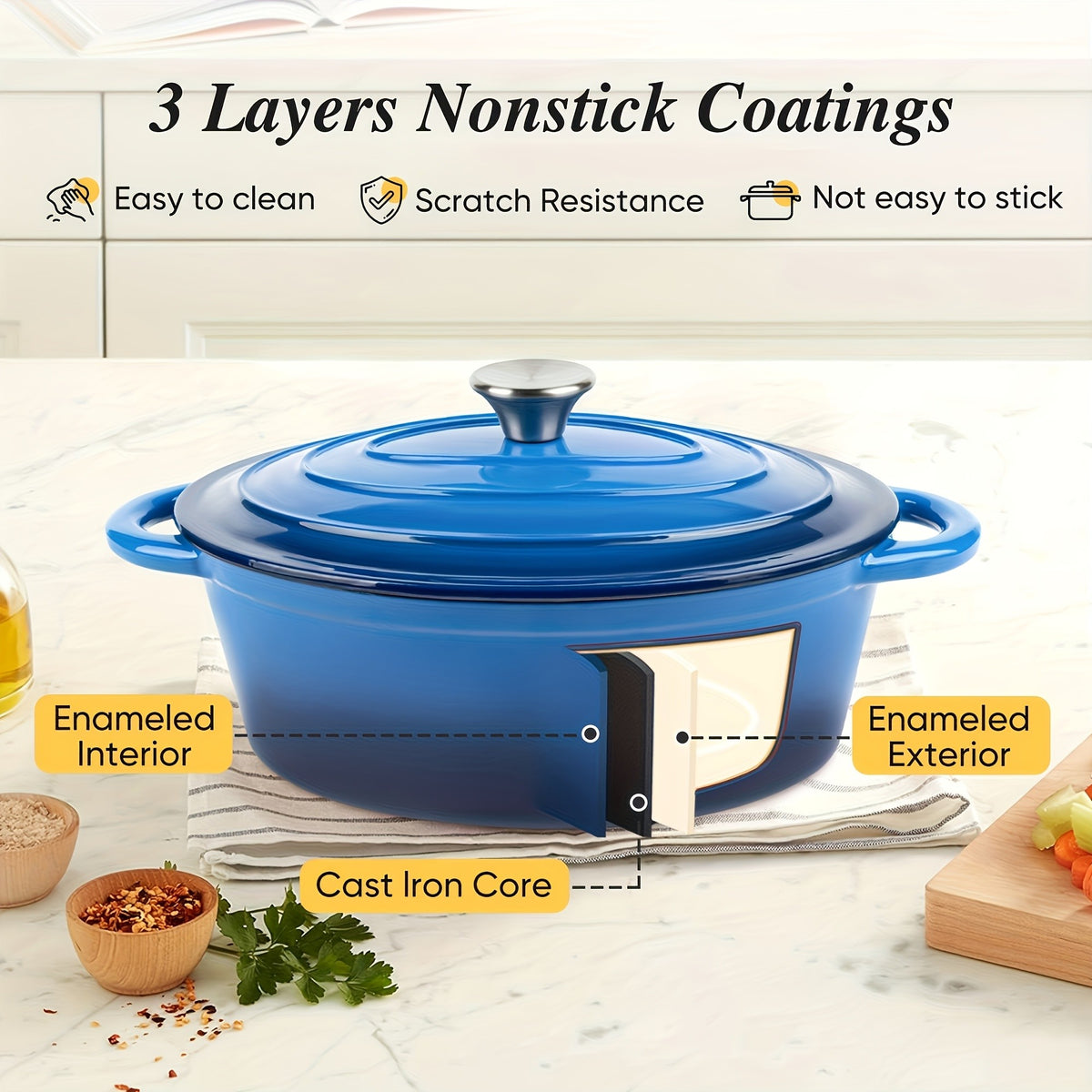 4.5 Qt Cast Iron Dutch Oven with Enamel Coating – Oval Casserole Pot with Lid for Bread Baking, Slow Cooking & Roasting, Works on All Stovetops
