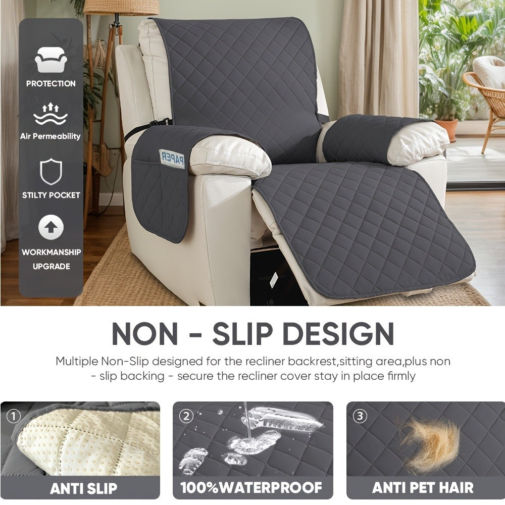 Recliner Chair Cover Waterproof Non-Slip, Oversized Recliner Slipcover with Side Pocket & Elastic Straps, Washable Furniture Protector for Dogs & Pets, Warm Cozy Chair Cover, 1 Piece