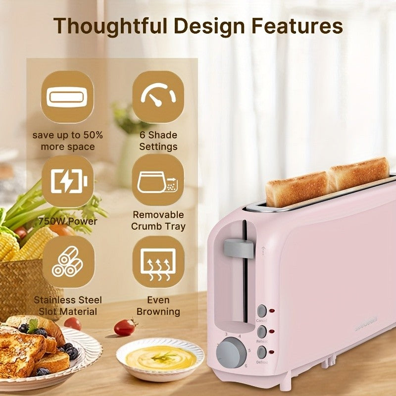 2-Slice Slim Toaster – 6 Shade Settings, Cancel Reheat & Defrost, 10" Long Slot, Auto Shut-Off, Removable Crumb Tray | 5 Colors