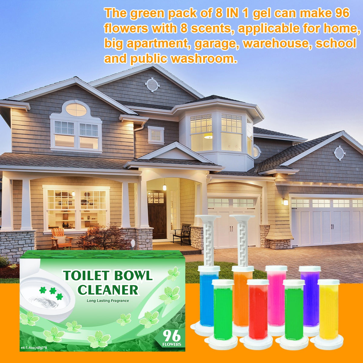 Toilet Cleaning Gel Stamps with Dispenser & Air-Freshening Fragrance – 8 Pieces / 96 Gel Patterns Toilet Bowl Cleaner for Ceramic Surfaces, Bathrooms & Kitchens