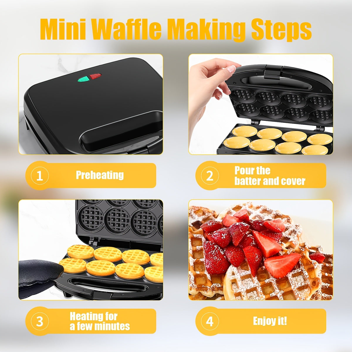 Mini Waffle Maker Makes 8 Bite-Size 2-Inch Waffles Dual Non-Stick Plates Cool Touch Handle Compact Family Breakfast Maker