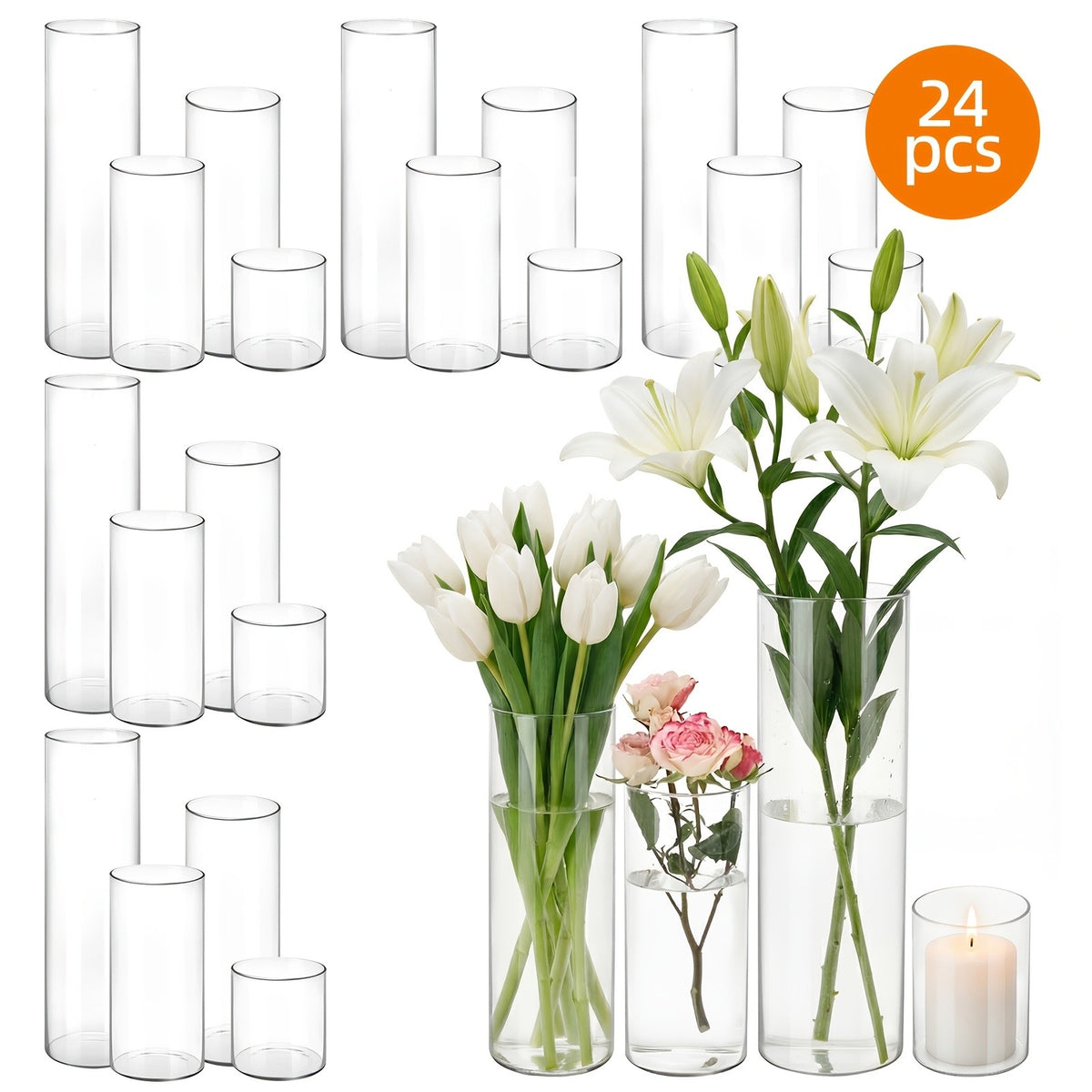 Glass Cylinder Vases Set 12 24pcs 4 Sizes 4 6.8 9 12 Inch Clear Tall Vase & Candle Holder for Wedding Centerpieces, Home Decor Party Table, DIY Candle Making, Flower Arrangements