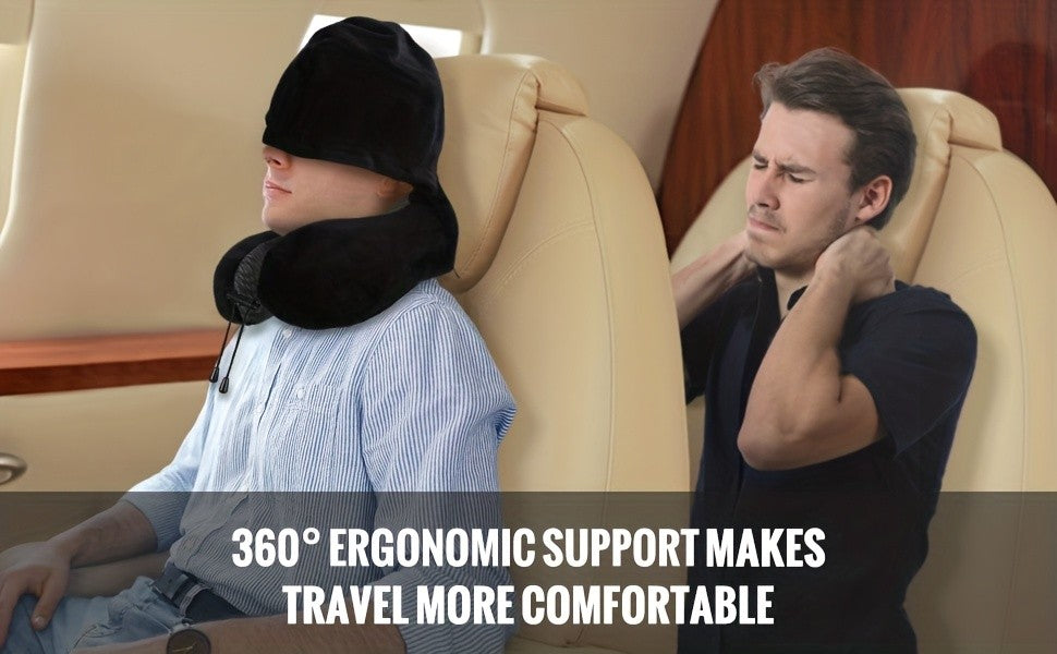 Hooded U-Shaped Travel Neck Pillow with Hood & Light-Blocking Cover – Airplane Nap Pillow for Adults, Home Office Sleep Support, U-Shape Neck Rest