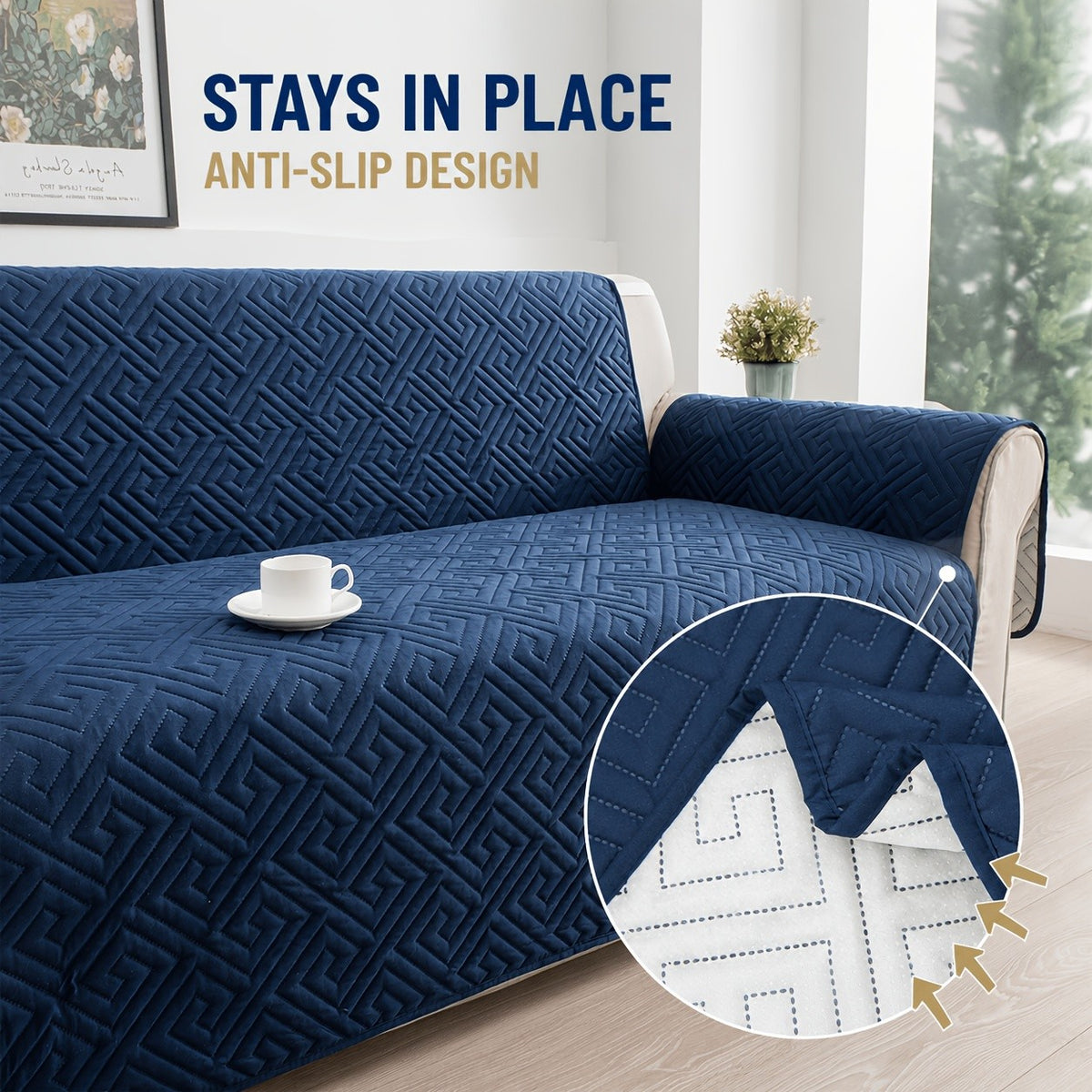 Quilted Sofa Cover One-Piece Cushion Slipcover with Anti-Slip Elastic Band – Pet-Friendly Scratch-Resistant Washable Removable Furniture Cover for Living Room Bedroom Hotel Home Decor