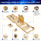 Bamboo Bathtub Caddy Tray Adjustable 27.6–35.4 Inch with Multi-Slot Organizer & Device Holder, Retractable Bath Shelf for Phone, Tablet, Book, Wine & Toiletries — Spa Bath Accessory, Wood Color