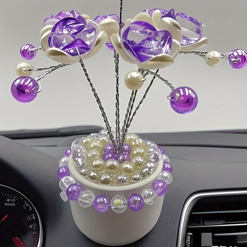 Crystal Simulation Flower Decoration Set of 2 - Handmade Faux Crystal Flowers for Car Center Console Home Decor and Desk - Elegant Gift for Mothers Day Birthday and Valentines Day Holiday Parties