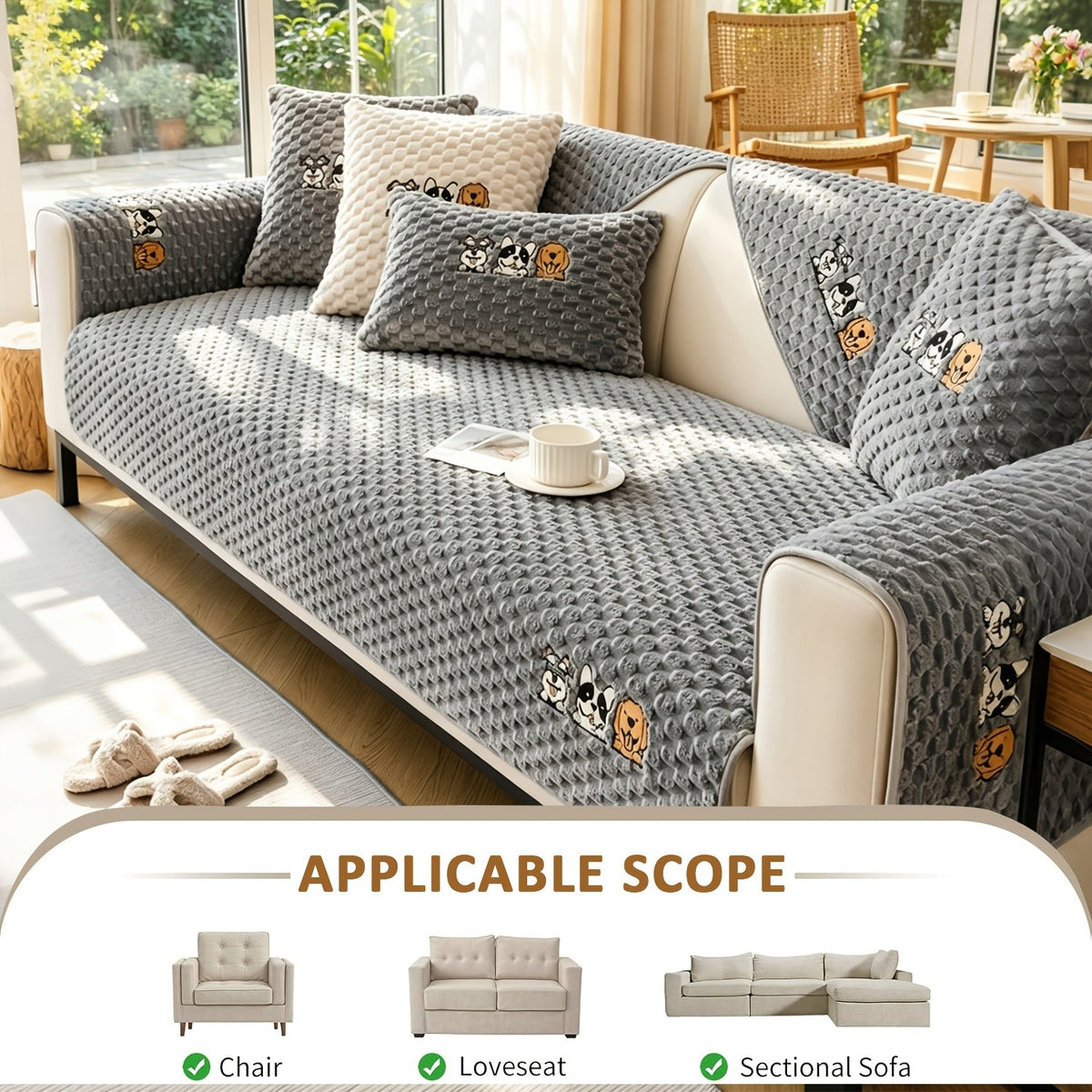 Honeycomb Velvet Sofa Slipcover Pet-Friendly Non-Slip with Cute Dog Embroidery, Bohemian Style Machine Washable Polyester Couch Cover for Sofa Cushion Backrest Armrest – Single Piece Home Decor, Grey