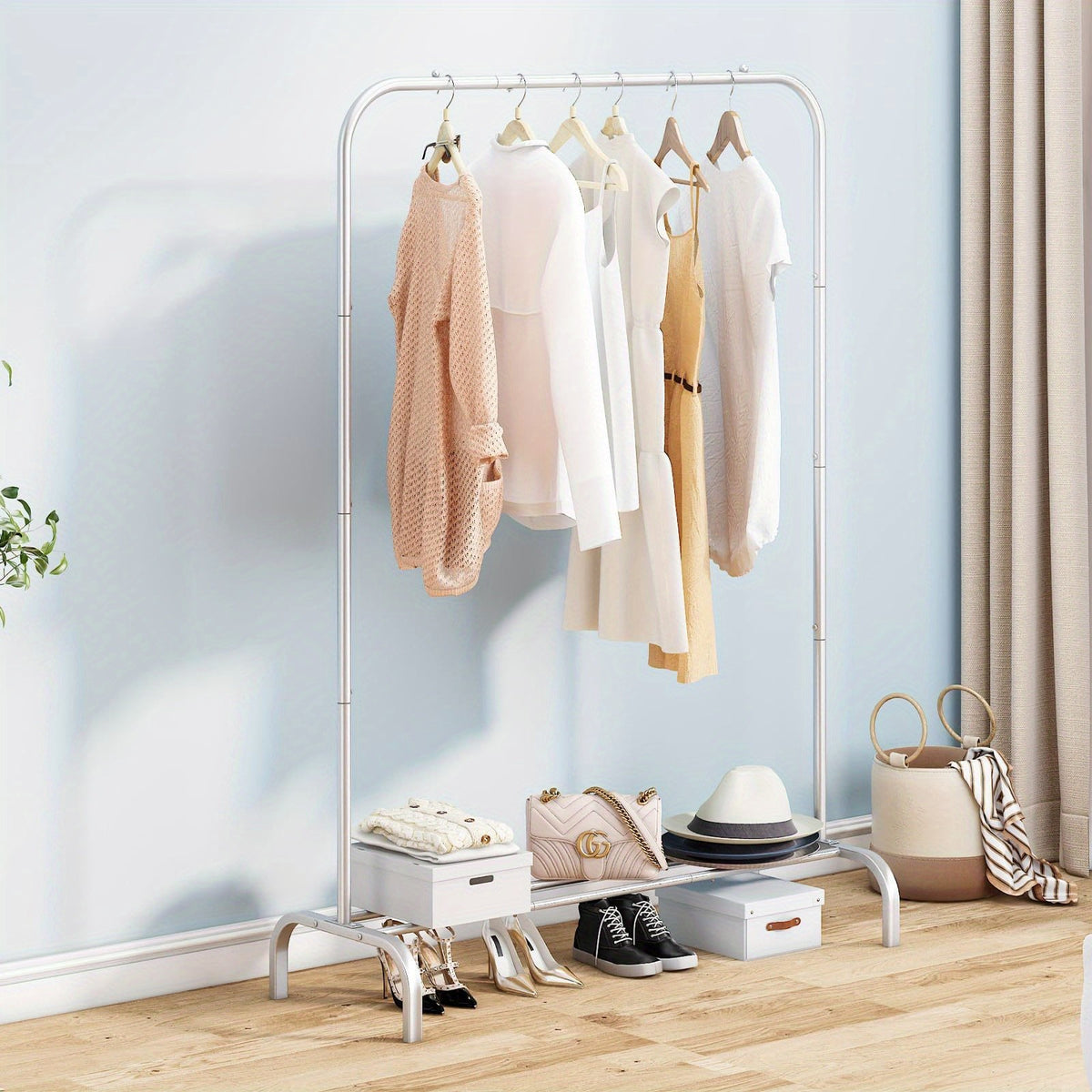 Heavy Duty Portable Clothes Rack with Bottom Metal Shelf – Large Capacity Coat & Shirt Organizer, Easy Assembly, 39.5" x 61.3", Black White Grey Gold