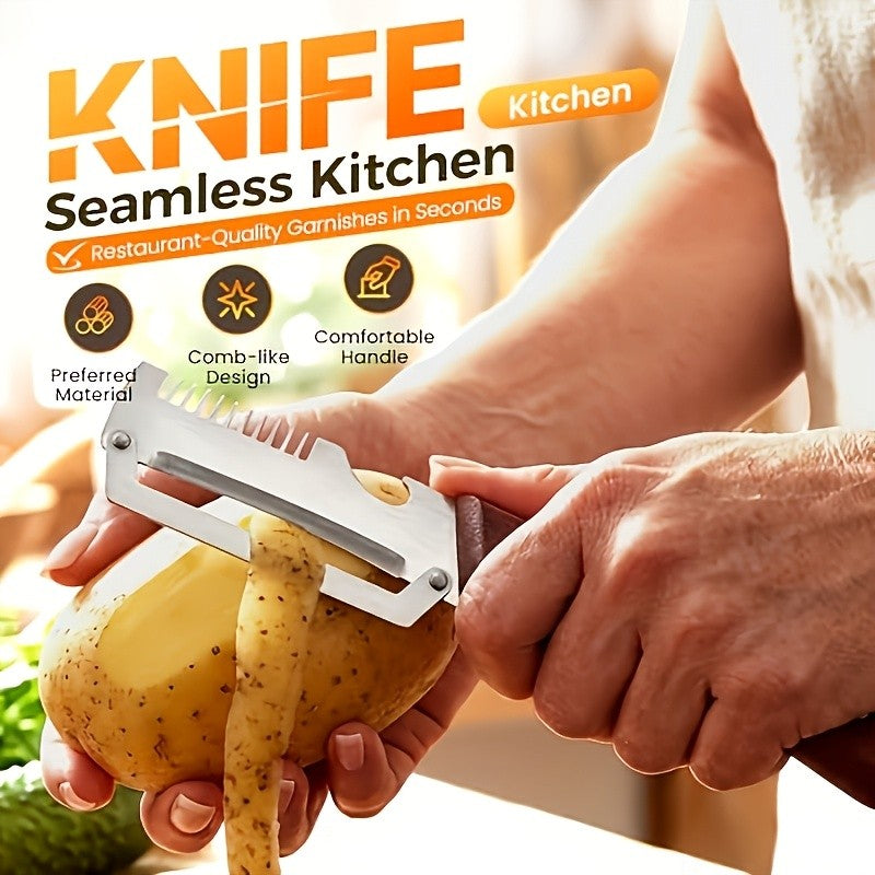 Vegetable Peeler and Slicer Set Stainless Steel with Wooden Handle – 2-Piece Kitchen Gadget with Scallion Cutter, Straight Blade & Built-In Bottle Opener