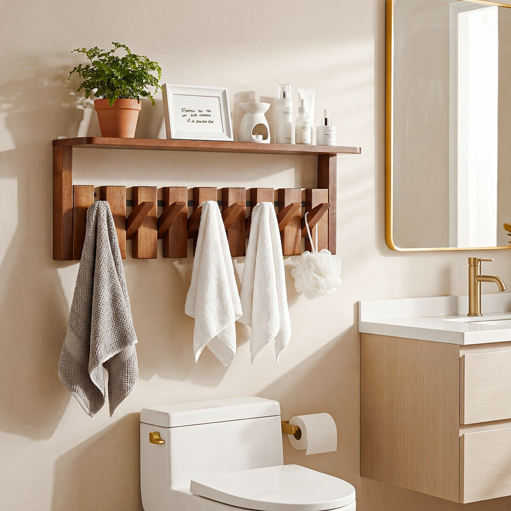 Wall Mounted Coat Rack Foldable Hooks Solid Rubberwood 6 or 8 Hooks 22 lbs Capacity Floating Shelf Dual Installation Drilling or Adhesive for Entryway Bedroom Bathroom Living Room
