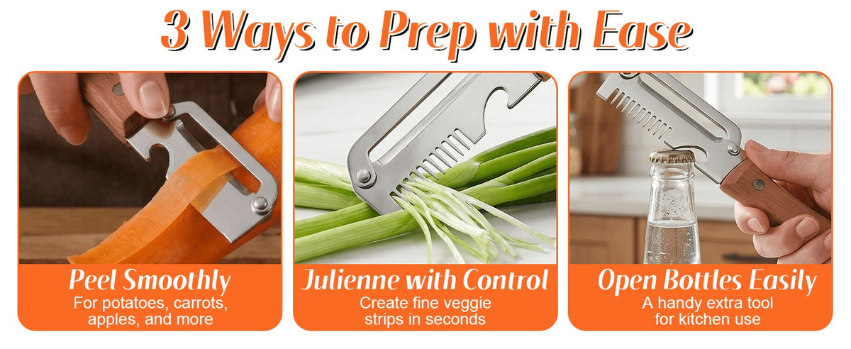 Vegetable Peeler Set 4-Piece Wooden Handle Stainless Steel Wide Blade – 3-in-1 Peeler Shredder & Bottle Opener for Potato Carrot, Kitchen Camping Travel Holiday Banquet Tool
