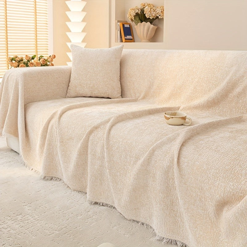 Chenille Fringe Couch Protector Slipcover – Super Soft Pet-Friendly Solid Sofa Cover for 2 3 4 Seater, Living Room Decoration, Cream White Green Grey Orange