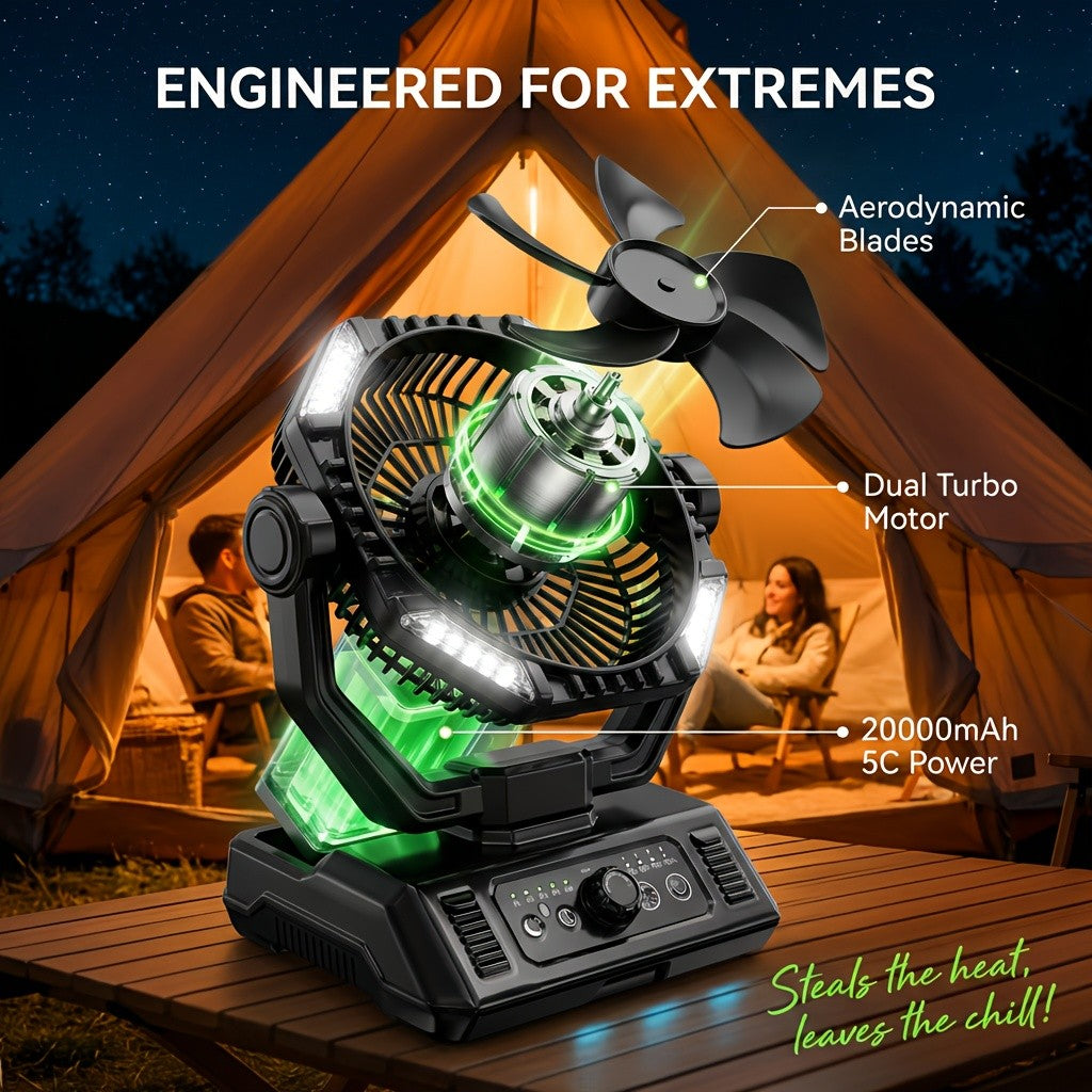 20000mAh Camping Fan with 4 LED Lanterns – Portable Battery Powered Outdoor Fan with USB & Hook | Tent, Power Outage, Construction Site & Camping Gear