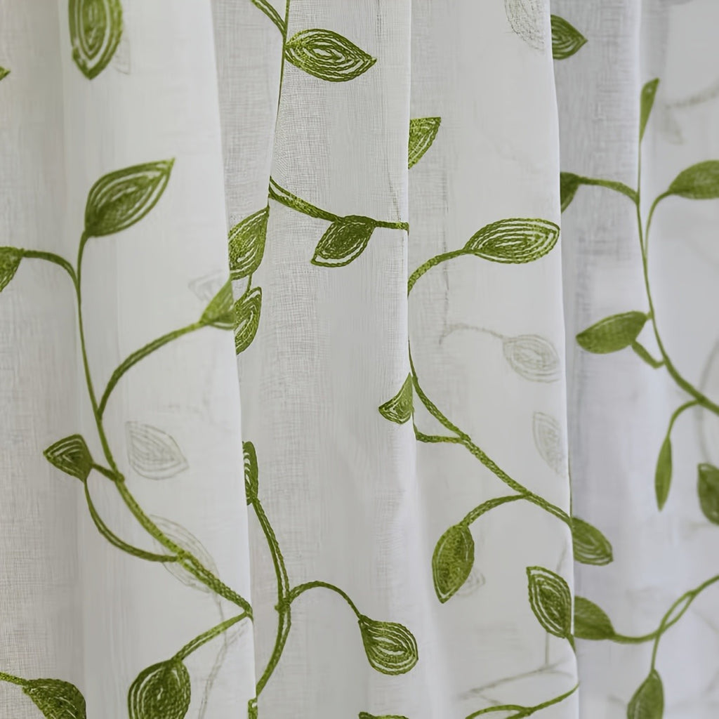 Ivy Leaf Embroidery Sheer Curtains Set of 2, White Gauze Green Botanical Rod Pocket Panels for Living Room Bedroom, 3 Sizes