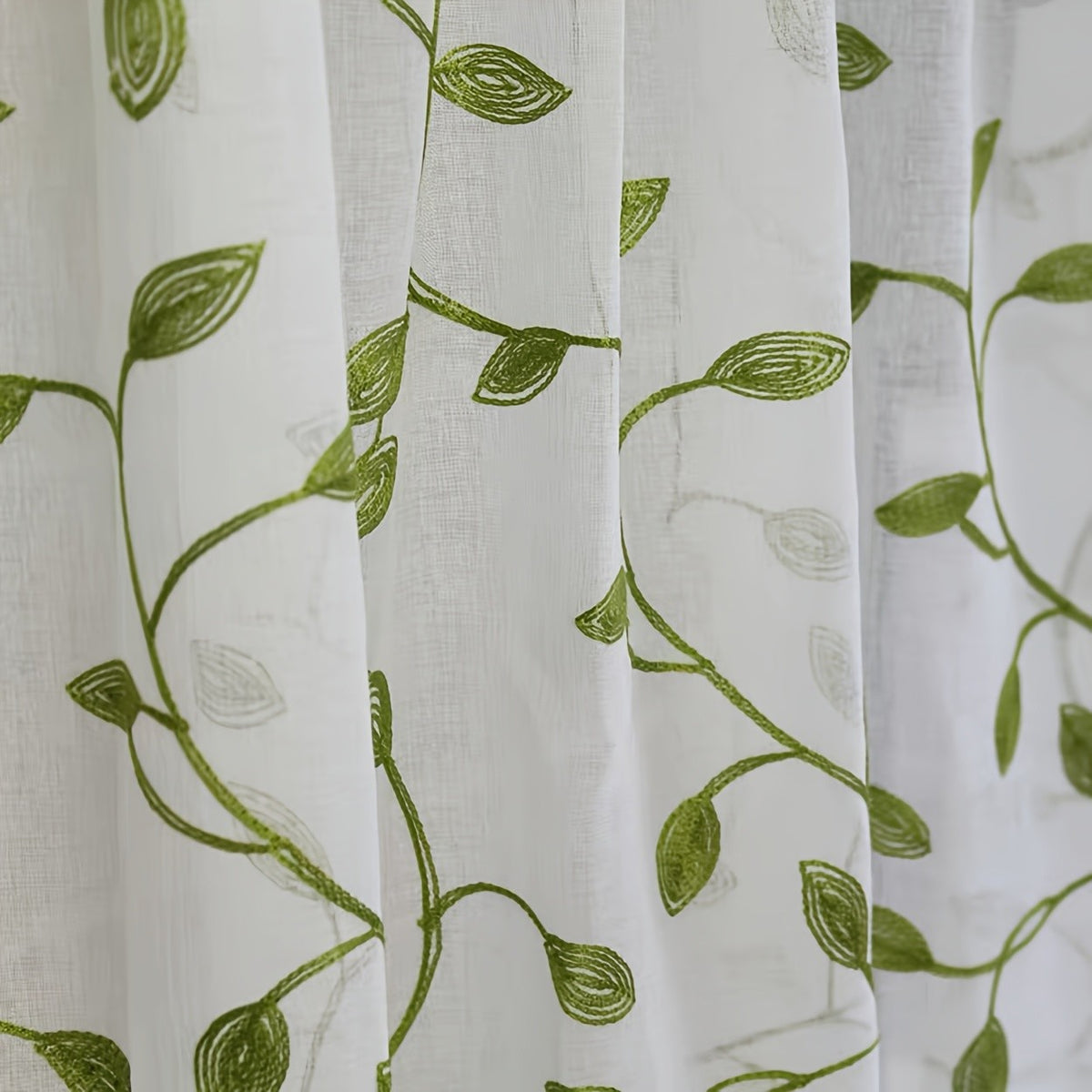Ivy Leaf Embroidery Sheer Curtains Set of 2, White Gauze Green Botanical Rod Pocket Panels for Living Room Bedroom, 3 Sizes