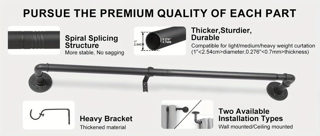Curtain Rod Black Industrial 1 Inch with Brackets – Rustic Heavy Duty Window Rod Set for Indoor & Outdoor Use | 4 Sizes