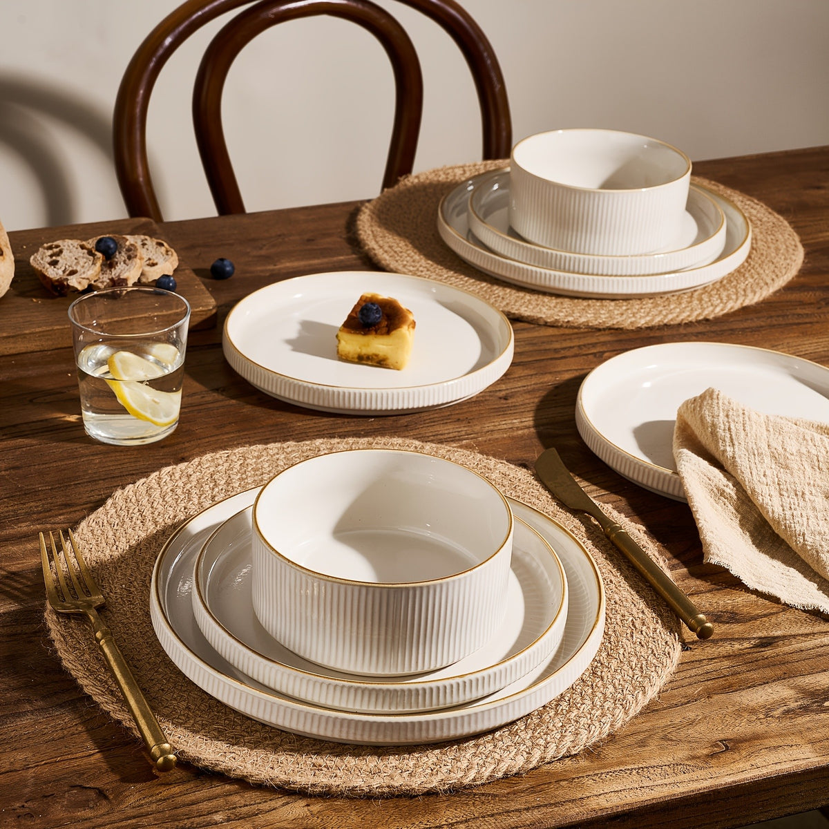 12-Piece Stoneware Dinnerware Set for 4 – Reactive Glaze Plates & Bowls, Lead-Free, Microwave & Dishwasher Safe, Raised Stripe Edge Design (Cappuccino White or Vanilla White)
