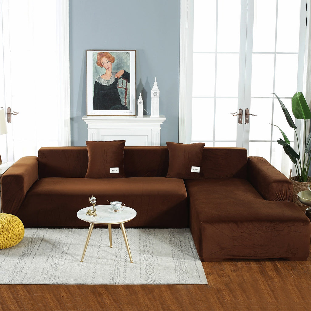 L-Shape Sectional Sofa Cover 2-Piece – Stretch Velvet Slipcover for 3+4 Seater Corner Couch, Foam Bar Secure Fit, Easy Clean, 7 Colors