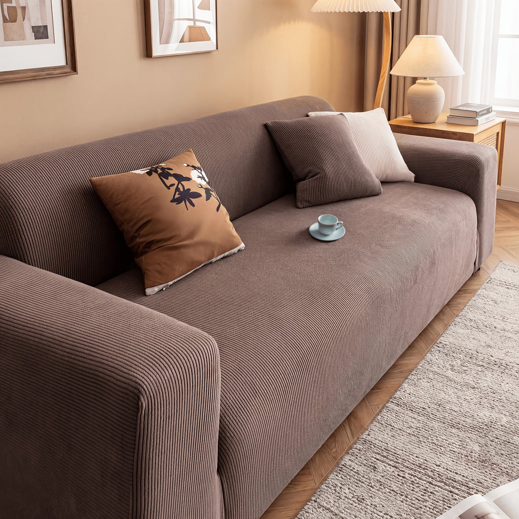 Chenille Sofa Cover Textured Stripe Elastic Full Cover Non-Slip Washable Scratch-Resistant Couch Slipcover for 1 2 3 4 Seater Living Room Office Green Gray Coffee Beige