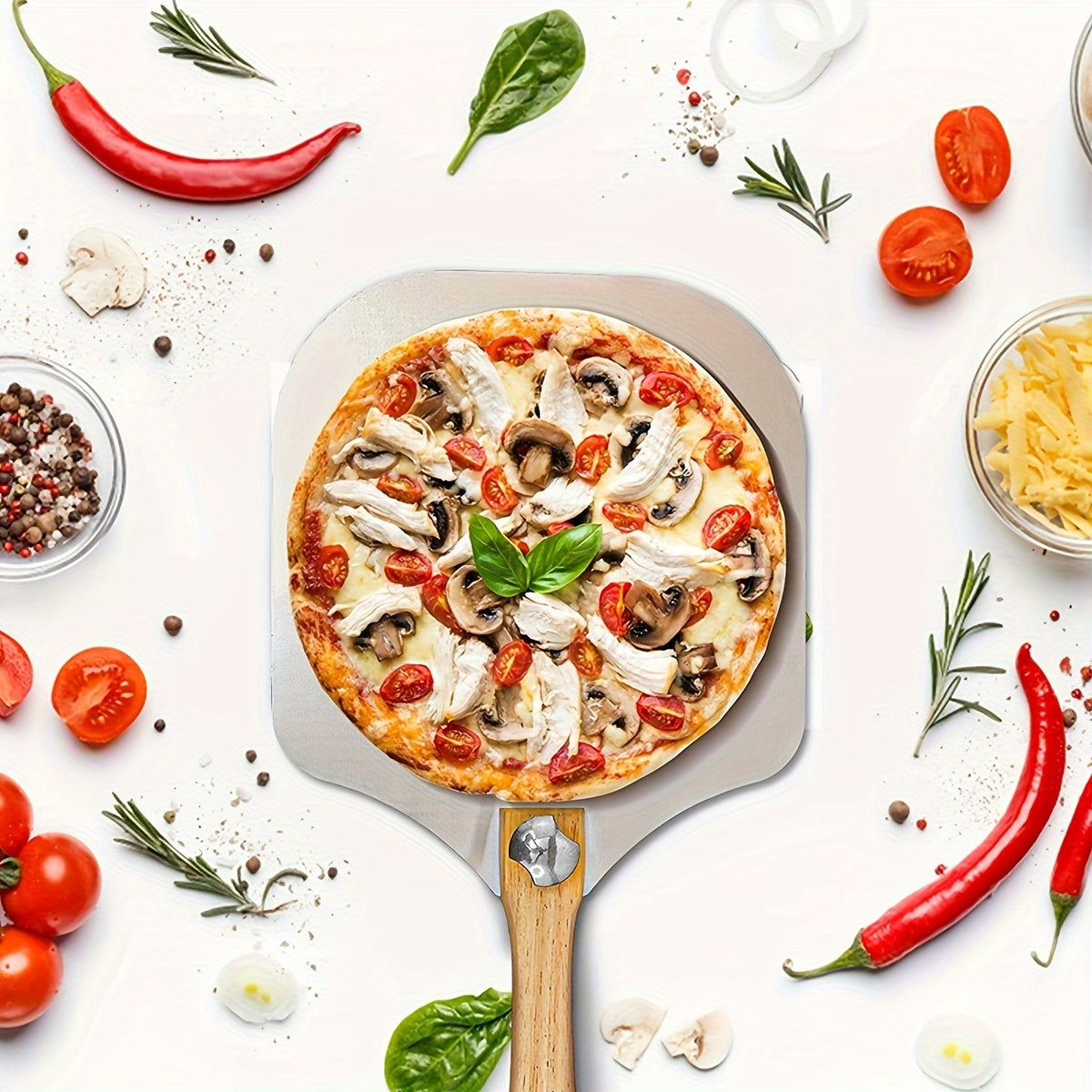Pizza Making Set 7 or 8pcs – Aluminum Pizza Peel, Carbon Steel Pan, Rocker Cutter, Pie Server, Silicone Brush & Oven Mitts, Complete Pizza Tools for Oven & Grill