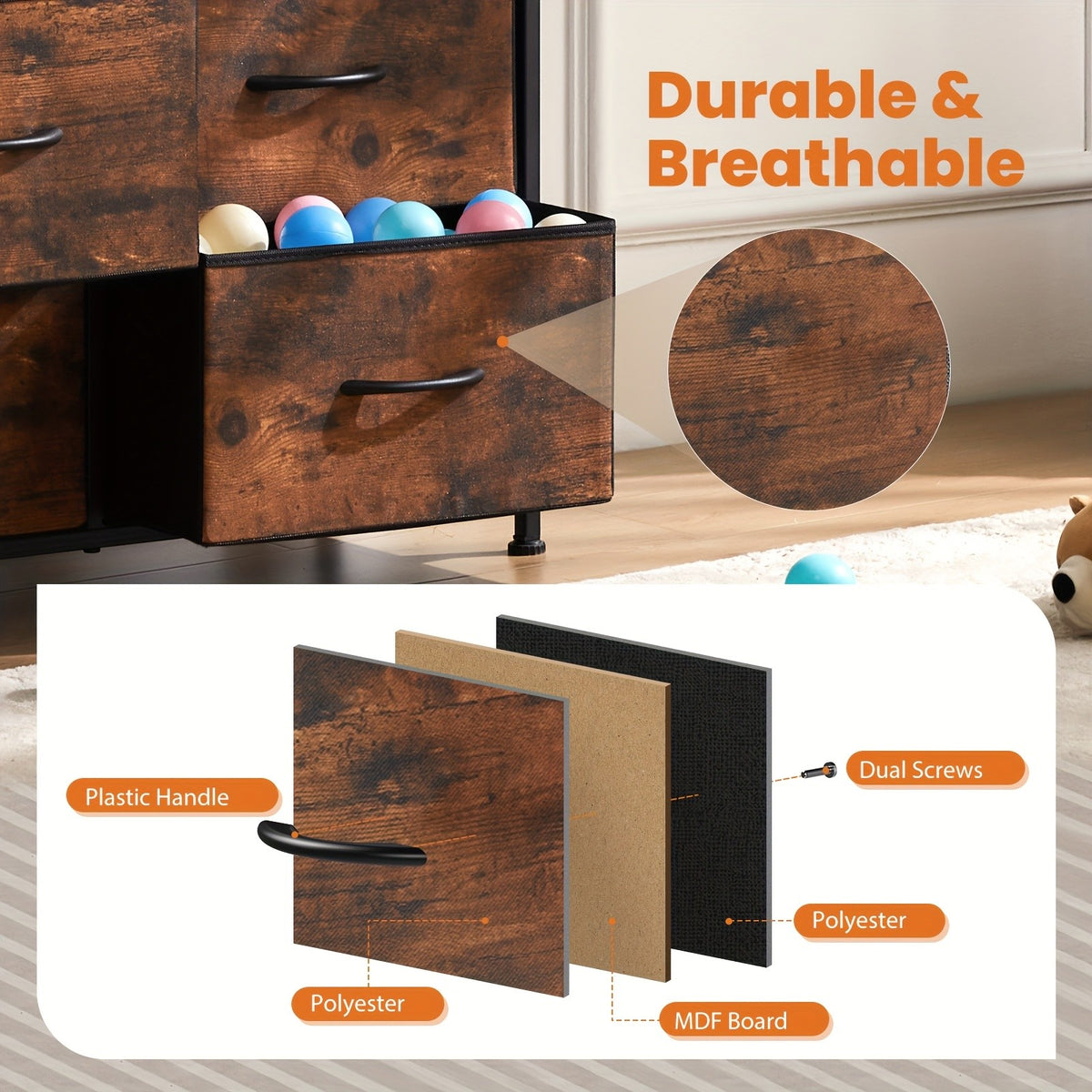 10-Drawer Fabric Storage Cabinet with Hardwood Tabletop | Dresser Organizer for Clothing Bags & Accessories | Black White Rust Gray