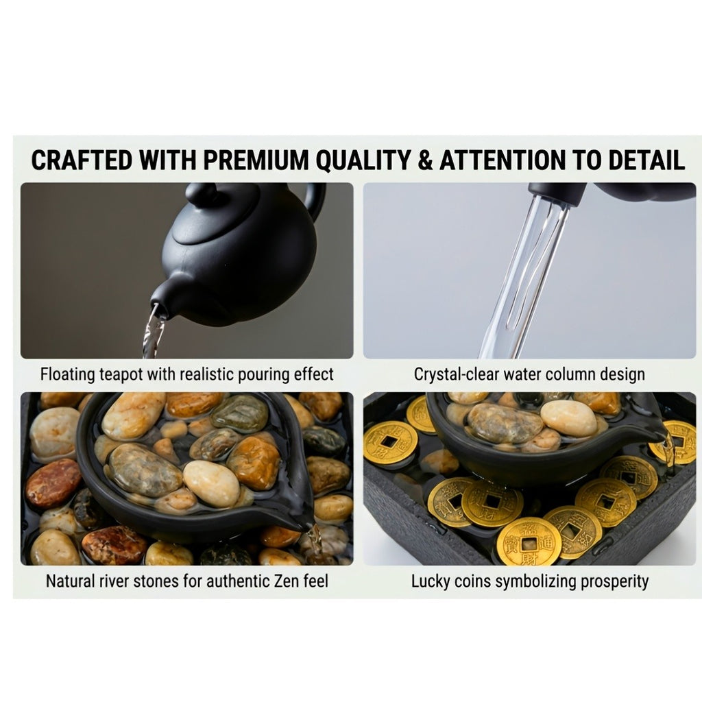 4-Tier Desktop Water Fountain with LED Lights, Decorative Bubble Balls & Natural River Stones, Indoor Tabletop Waterfall Fountain for Home & Office Relaxation, Meditation Zen Decor