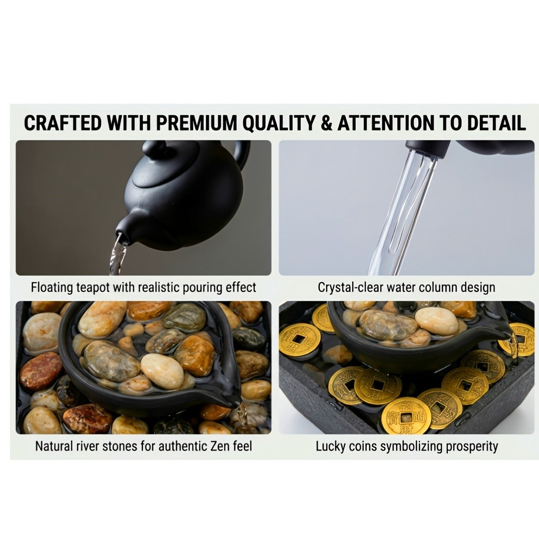 4-Tier Desktop Water Fountain with LED Lights, Decorative Bubble Balls & Natural River Stones, Indoor Tabletop Waterfall Fountain for Home & Office Relaxation, Meditation Zen Decor