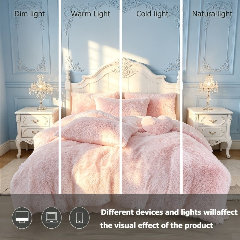 Luxury Fluffy Plush Bedding Set – Soft Duvet Cover, Pillowcases & Throw Pillow, Queen/King, All-Season
