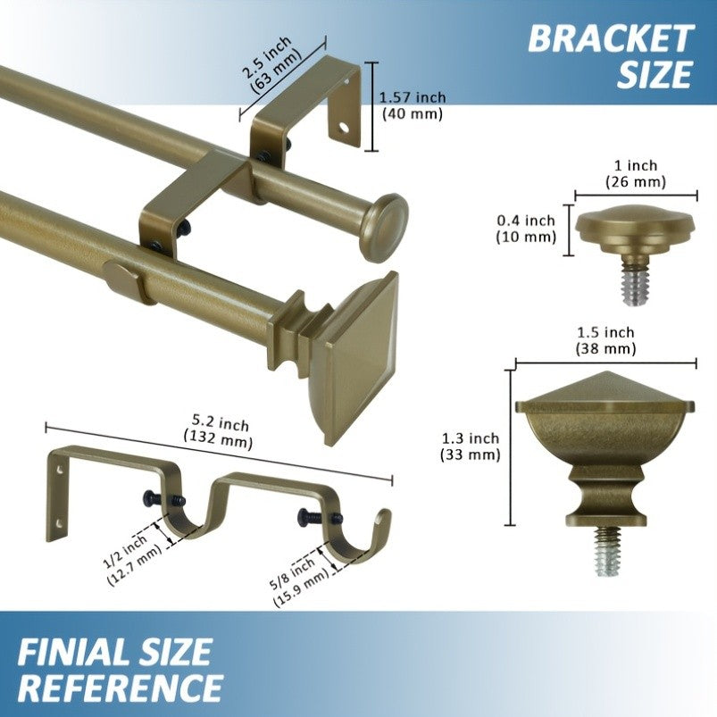 Double Curtain Rod Adjustable 28-48 / 48-84 / 84-120 Inch – 5/8" Front & 1/2" Back Drapery Rod Set with Square Urn Finials & Mounting Hardware | 5 Finishes