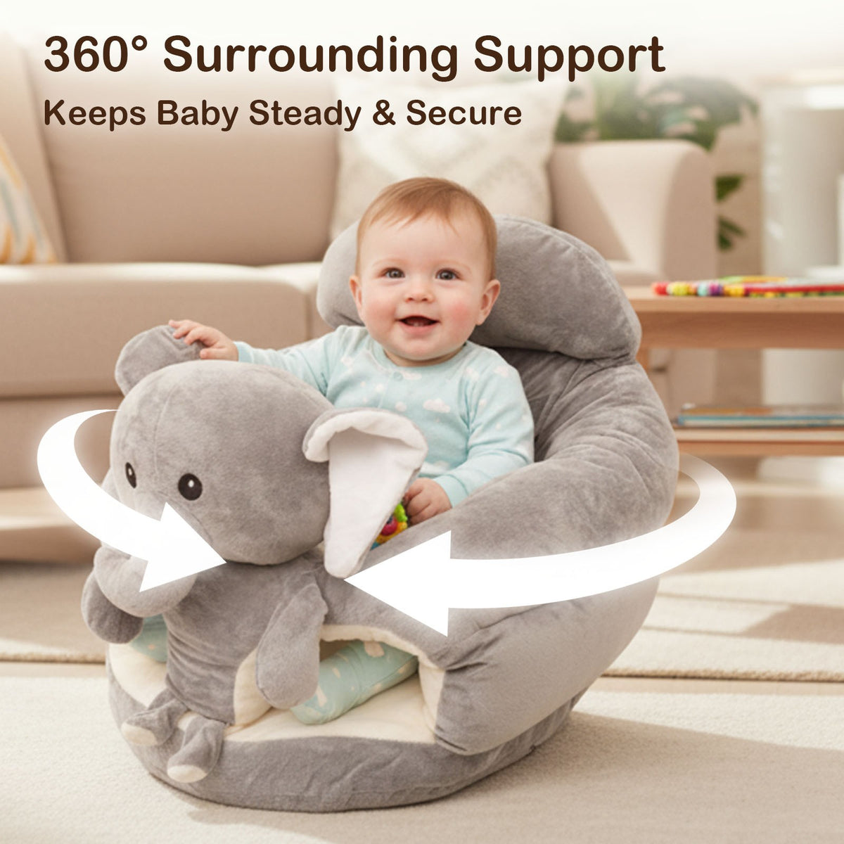 Baby Support Seat Plush Animal Infant Lounger – Ultra-Soft Cushioned Tummy Time Seat for Babies & Toddlers, Non-Toxic Fabric, No Assembly, Elephant Grey, Bear Pink & Bear Khaki
