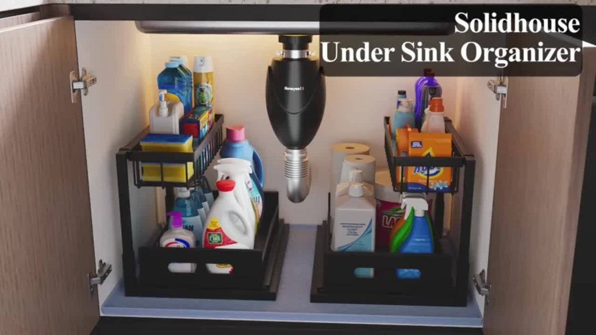 Under Sink Organizer 2-Tier Sliding Cabinet Basket with Hooks – Bathroom Kitchen Under Sink Storage Shelf Rack Organizer