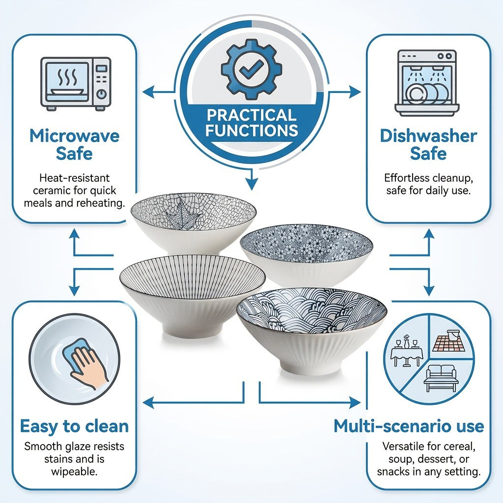 Japanese Ramen Bowls Set of 2 or 4 Ceramic Blue White Leaf Pattern 8 Inch 32oz Noodle Soup Bowl for Pho Ramen Pasta Cereal