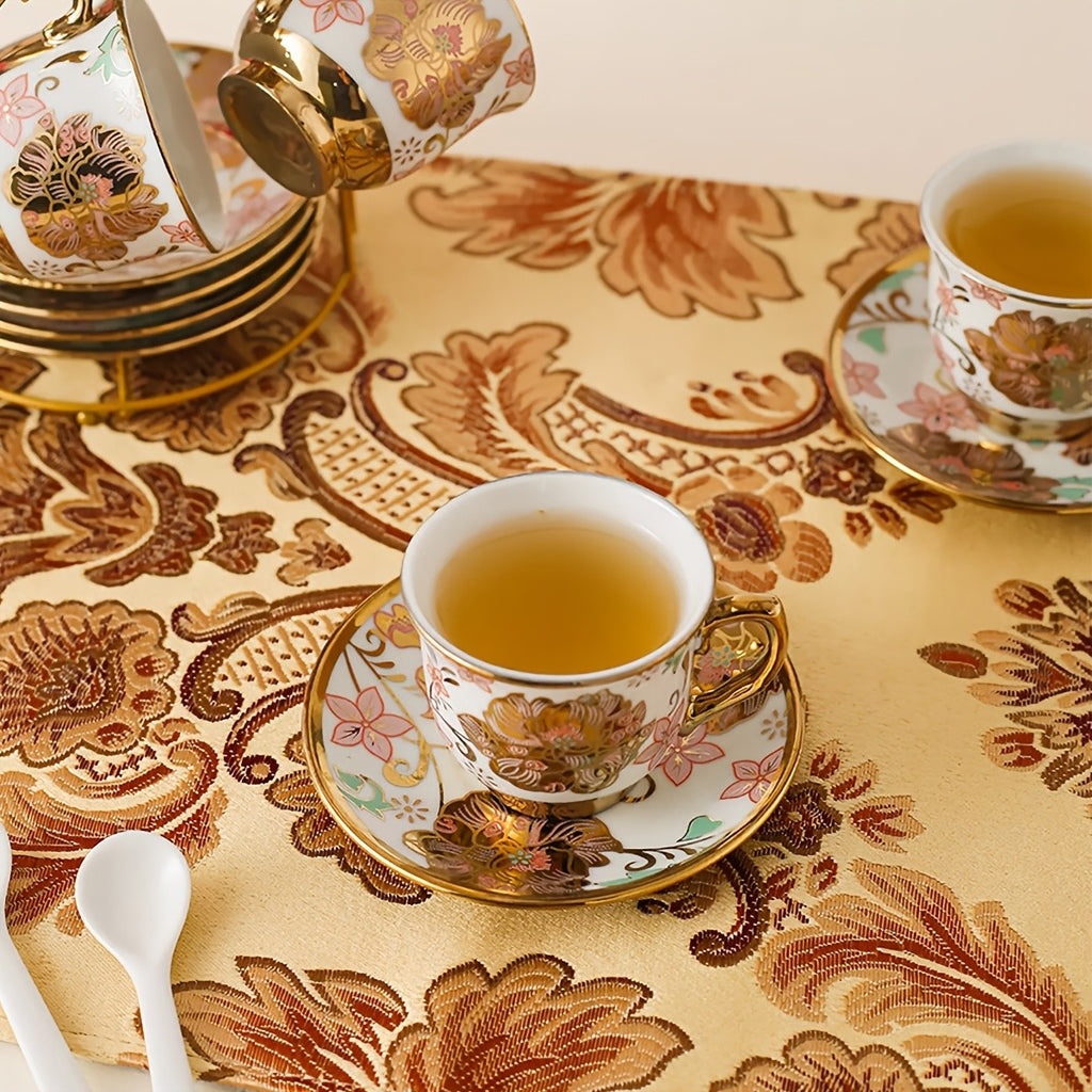 20 Piece Ceramic Tea Set Floral Design – European Afternoon Tea Service with Teapot, Cups, Saucers & Metal Stand – Blooming Style, Gift for Tea Lovers