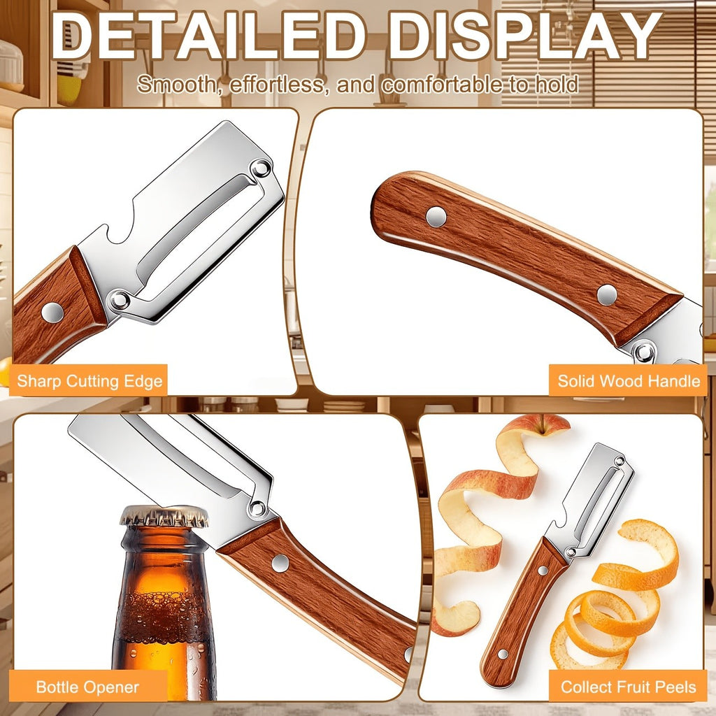 Vegetable Peeler and Slicer Set Stainless Steel with Wooden Handle – 2-Piece Kitchen Gadget with Scallion Cutter, Straight Blade & Built-In Bottle Opener