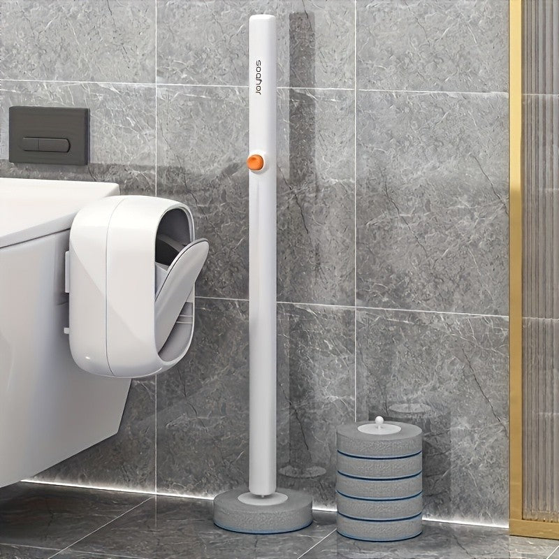 Disposable Toilet Brush Holder Wall Mounted with 6 Refill Heads & Scrubbing Solution – No-Touch Bathroom Cleaning Wand Set, White