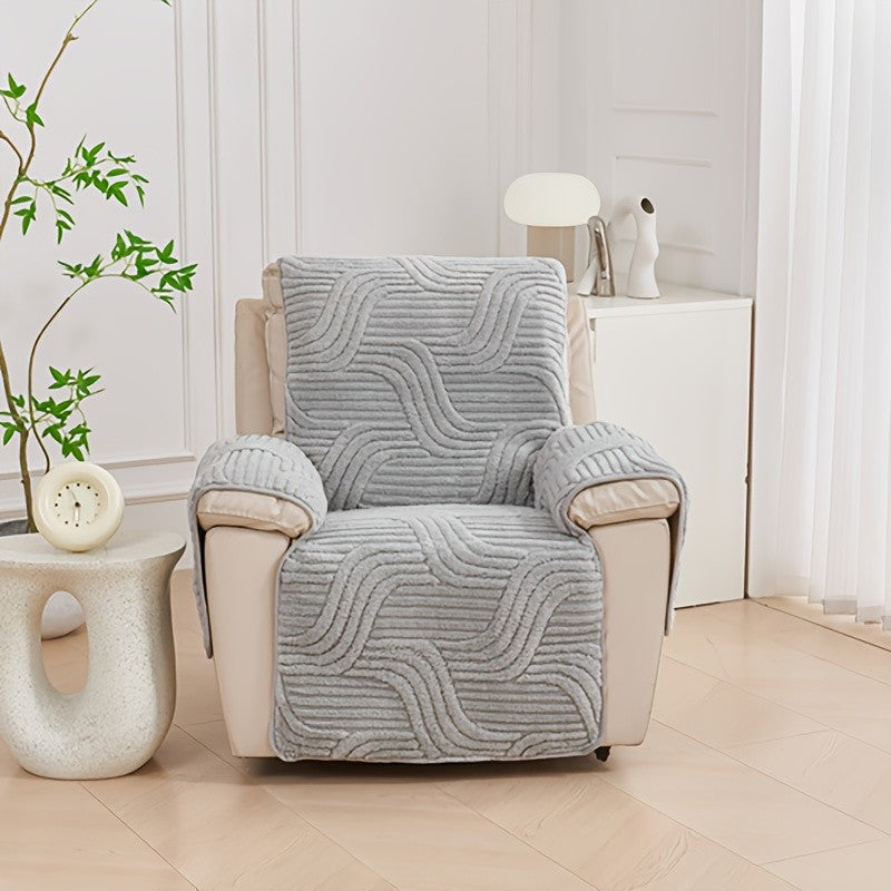 Bohemian Single Sofa Cover Non-Slip Short Plush Recliner Chair Protector Pet-Friendly Machine Washable Wavy Pattern Single-Seat Couch & Chair Slipcover