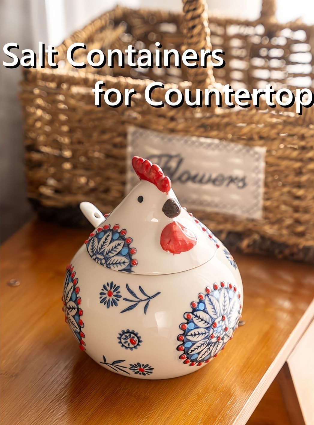 Handmade Ceramic Salt Jar with Airtight Lid & Spoon – 13oz Countertop Organizer for Salt, Sugar & Spices, Decorative Kitchen Storage Canister, Chef’s Gift, Blue, Red or Green