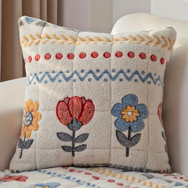 Bohemian Floral Plush Sofa Cover Thick Milk Fleece Quilted Couch Protector with Decorative Pillow Covers – Machine Washable Warm Cozy Cover for 1-4 Seater Sofa, Living Room Decor