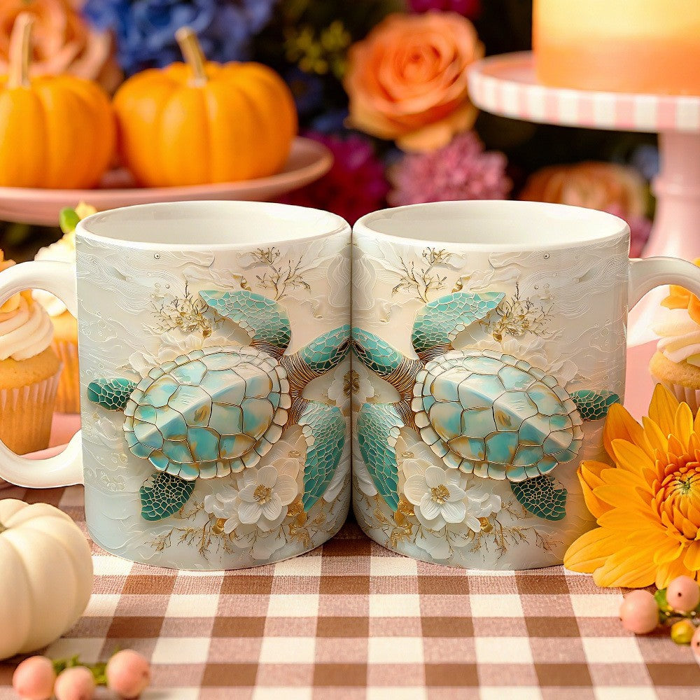 Sea Turtle Coffee Mug 11oz | Nautical Ocean Themed Ceramic Cup Gift for Ocean Lovers Birthdays Office Housewarming