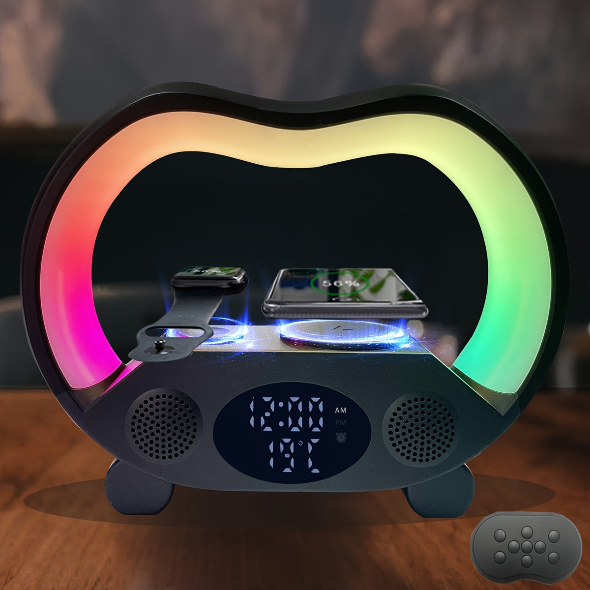 RGB Night Light 6 in 1 Wireless Speaker Alarm Clock Wireless Charging Phone Watch Temperature Display Bedroom Teen Gift Halloween Christmas Decor Black White
