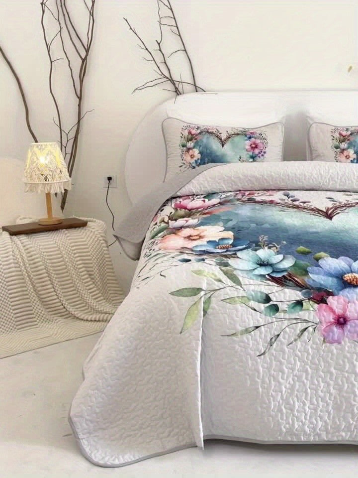Quilted Quilt Set 2-3 Piece Floral Love Heart Print – Soft Breathable Hypoallergenic Bed Cover with Pillowcases for Twin Full Queen King, Multicolor Bedding