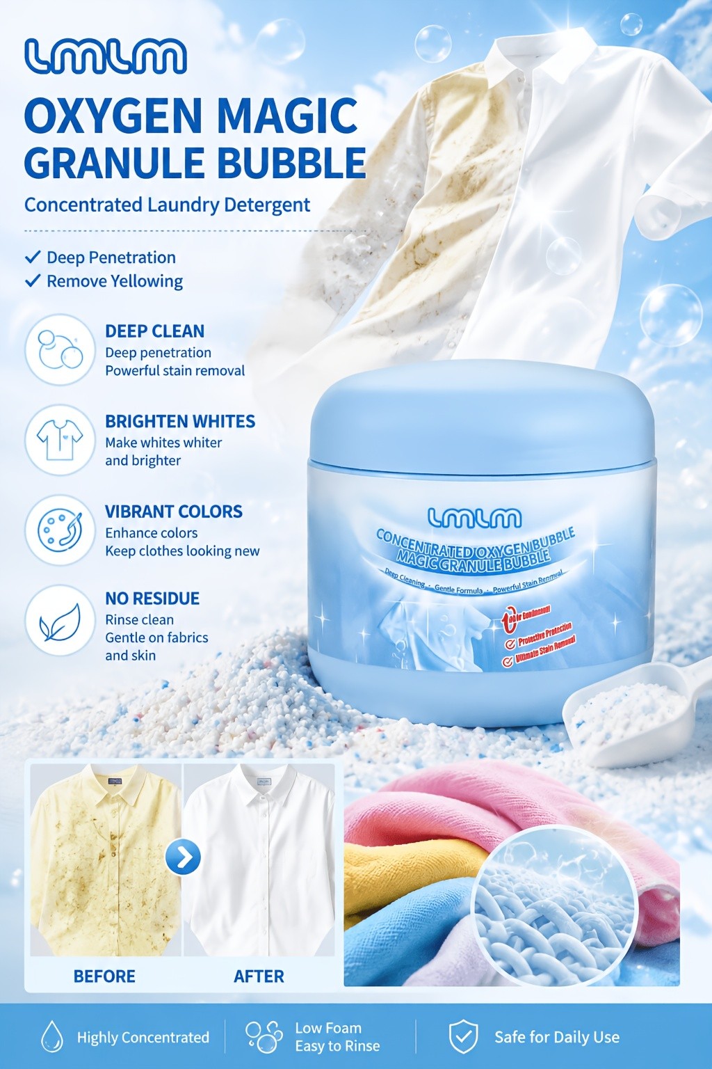 Oxygen Bubble Concentrated Detergent Powder 14.1oz Deep Clean Whitening White Clothes Color Boost HE Safe Septic Safe Laundry Powder for All Washing Machines