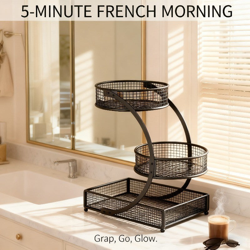 Lacquered Metal Cosmetic Storage Organizer, 1, 2 & 3-Tier Rust-Proof Welded Basket, Space-Saving Vanity Organizer for Lipstick, Perfume & Skincare — Black & White, Ideal Beauty Gift